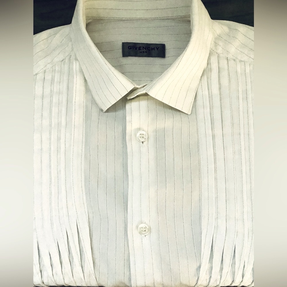 GIVENCHY White & Silver Lurex  Pinstripes Pleated  Mens Shirt IT 38, US S - Picture 2 of 12